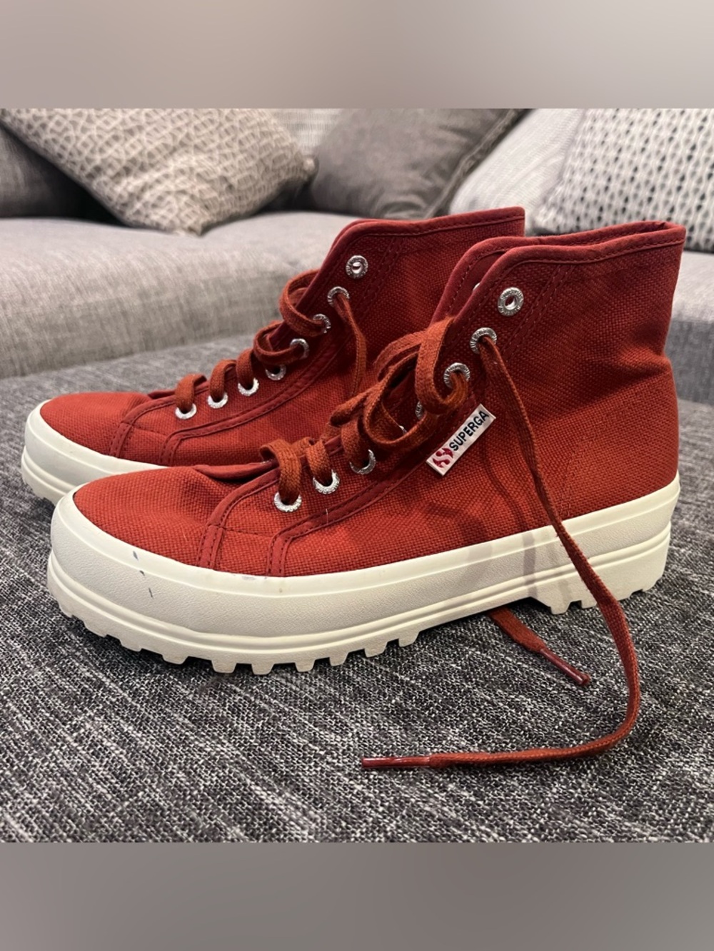 Superga Brick Red High-Top Canvas Sneakers with Cream Platform